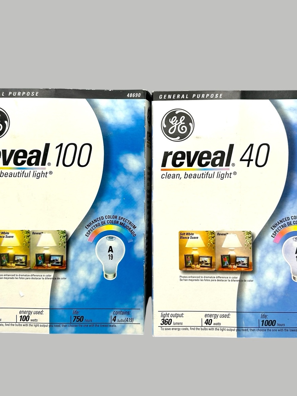 NEW - 8 - GE Reveal Light Bulbs - (4) 100W & (4) 40W - NEW